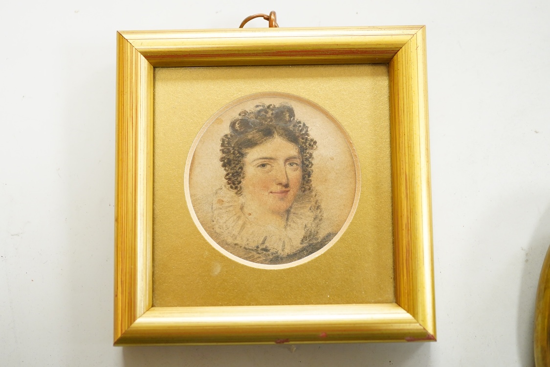 Sundry items and collectables to include a brass snuff box, dated 1881, a brass dog piercer? and a 19th century miniature watercolour portrait of a lady